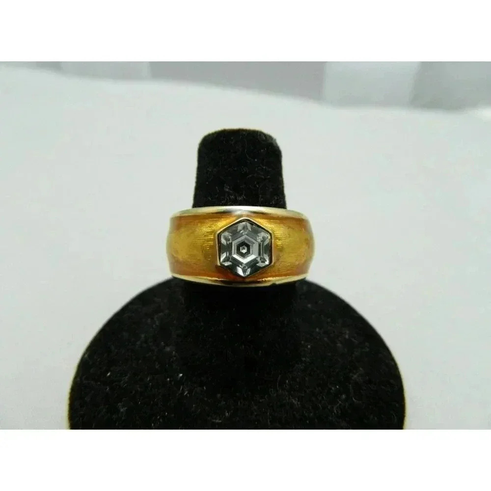 New In Box SWAROVSKI Crystal Stone Gold Plate Yellow Enamel Size 6 1/2 Ring